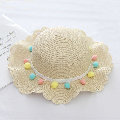Summer Children'S Bags, Hats, Female Decoration, Small Colored Balls, Sunscreen, Lace, Beach Hats, Breathable Sandals