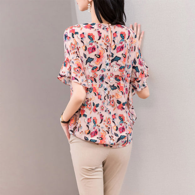 Printed Shirt Women Short-sleeved Chiffon Top
