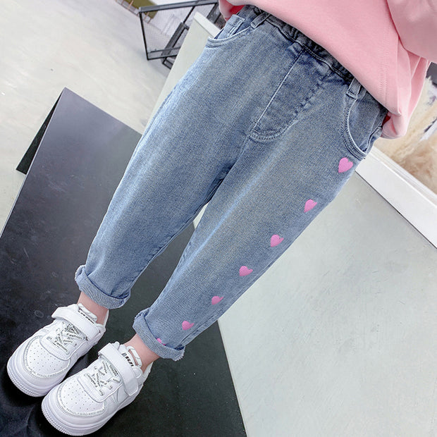 Girls' Casual Thin Love Stretch Jeans