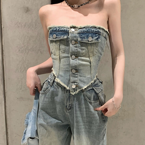 Hot Girl Slim Tube Top Ripped Jeans