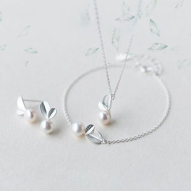 S925 Silver Custom Simple Suit Young Leaf Pearl Necklace Earrings Bracelet Women