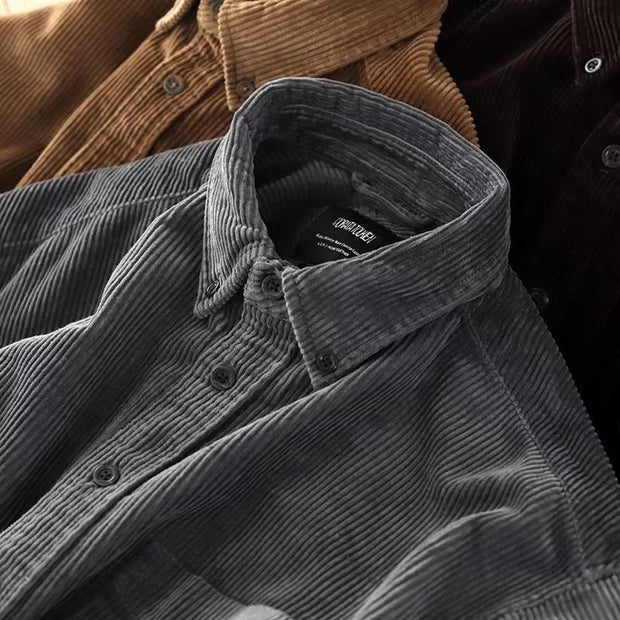 Vintage Corduroy Shirt Men Loose Cargo Shirt Coat