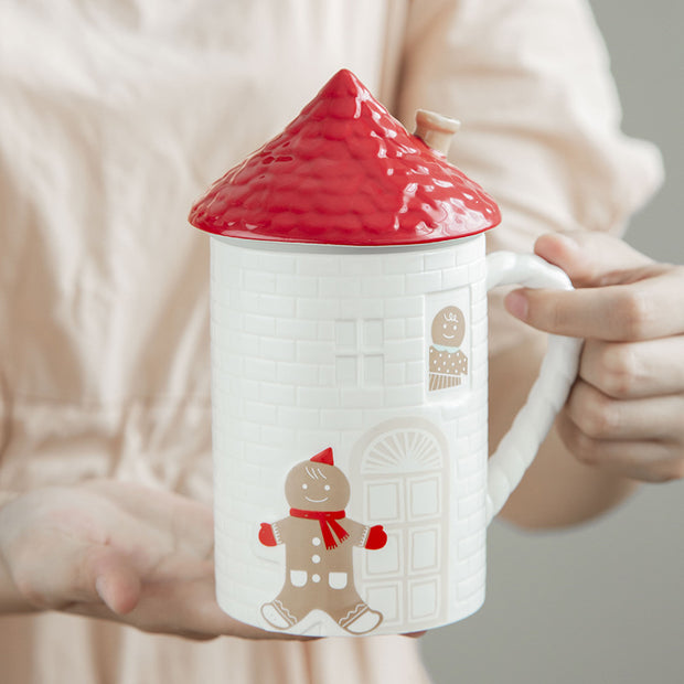Gingerbread Man Red House Water Cup House Cottage Mug Coffee Cup With Lid