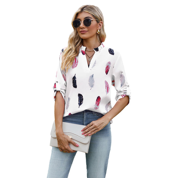 V-neck Feather Printed 34 Sleeves Loose Shirt