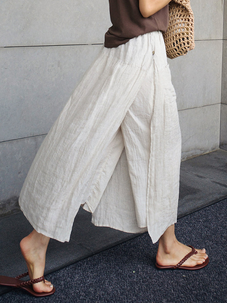 Design Double Pocket Large Size Elastic Waist Elegant Skirt Pure Linen Wide Leg Culottes