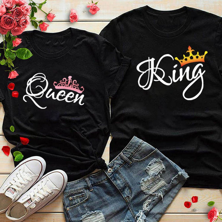 Crown Print Couple T Shirt Lovers Short Sleeve O Neck Loose Tshirt Fashion Woman Man Tee Shirt Tops Clothes