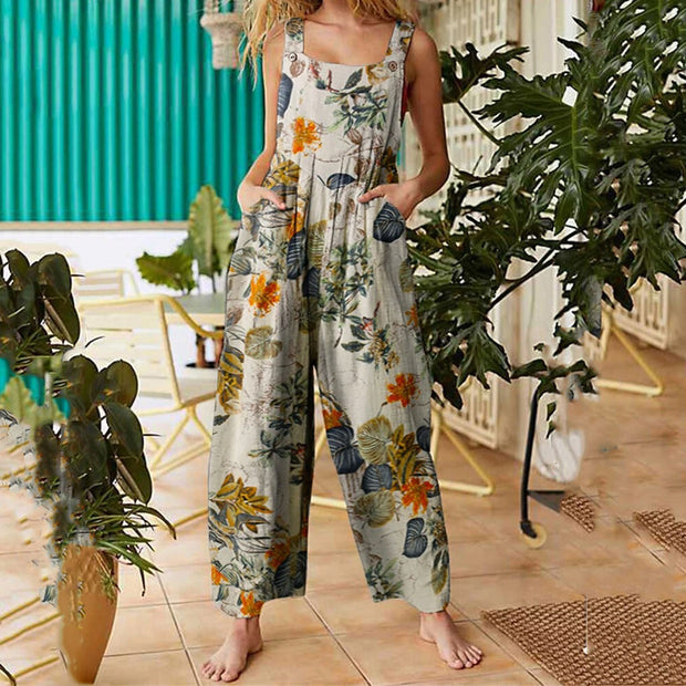 Patchwork Printed Button Suspender Jumpsuit