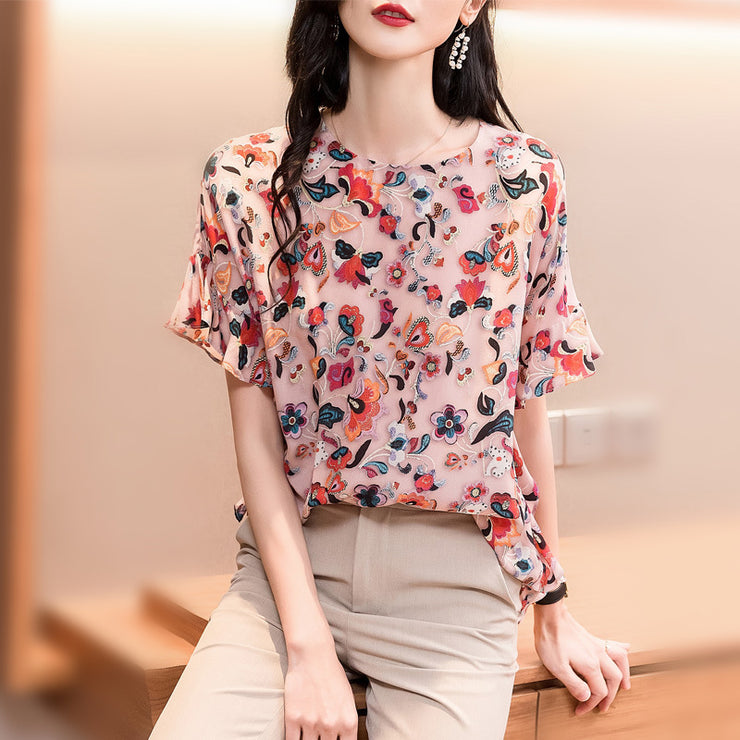 Printed Shirt Women Short-sleeved Chiffon Top