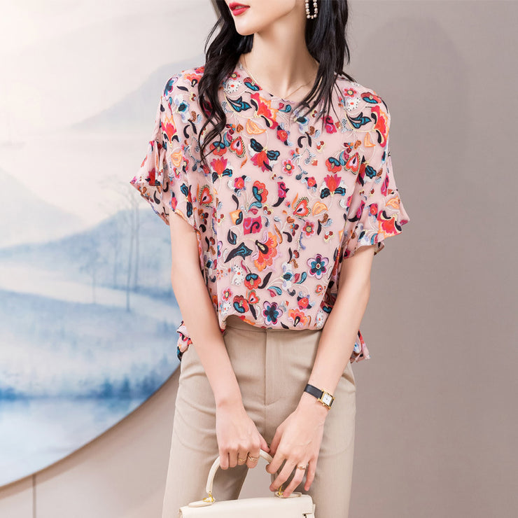 Printed Shirt Women Short-sleeved Chiffon Top