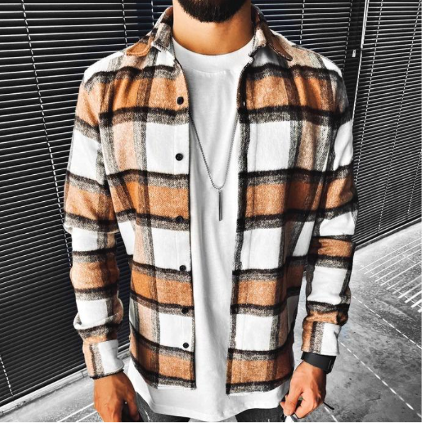 Printed Plaid Woolen Shirt Men