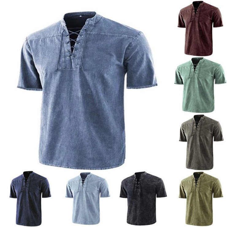 Retro Shirt Men Tie Collar Short-sleeved Shirt Summer