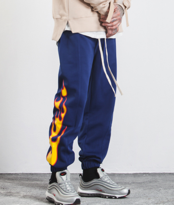 Hop Pants Flame Print Women Men Red Black Blue Joggers Pants Skateboard Sweatpants