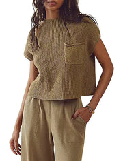 Women's Knitted Sleeveless Pocket Casual Rib Pullover Vest