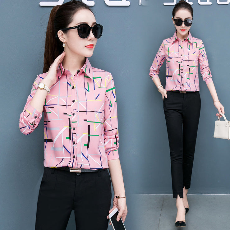 Printed shirt women long-sleeved chiffon shirt top women