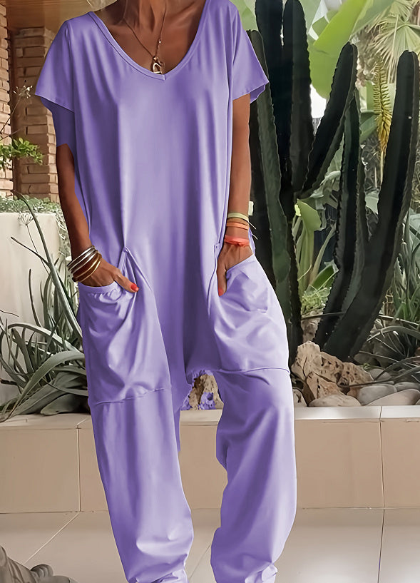 European And American Solid Color And V-neck Oversized Pocket Low-grade Jumpsuit