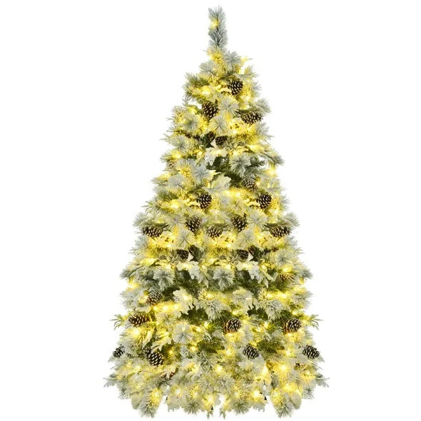 6FT Pre-Lit Spruce Snow Flocked Christmas Tree With Pine Cones, Artificial Xmas Tree With 403 Branch Tips,Mixed PE  PVC Branches, 250 Multi-Color LED Lights, 11 Flashing Modes, Holiday Decor