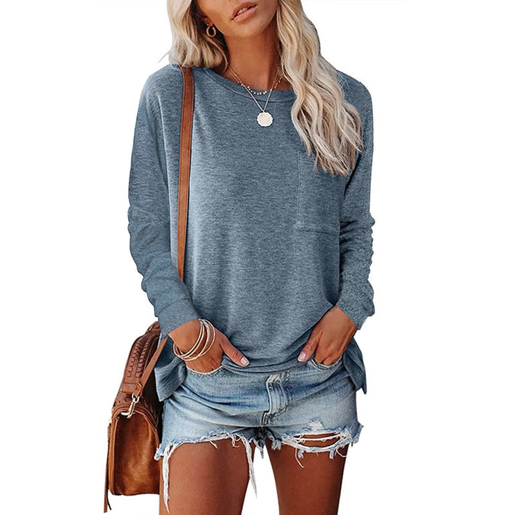 Pocket Split Long-sleeved Casual Bottoming T-shirt