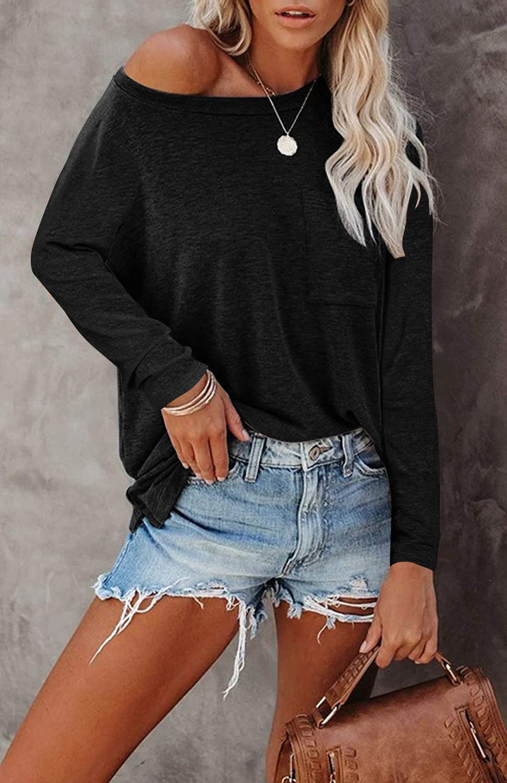 Pocket Split Long-sleeved Casual Bottoming T-shirt