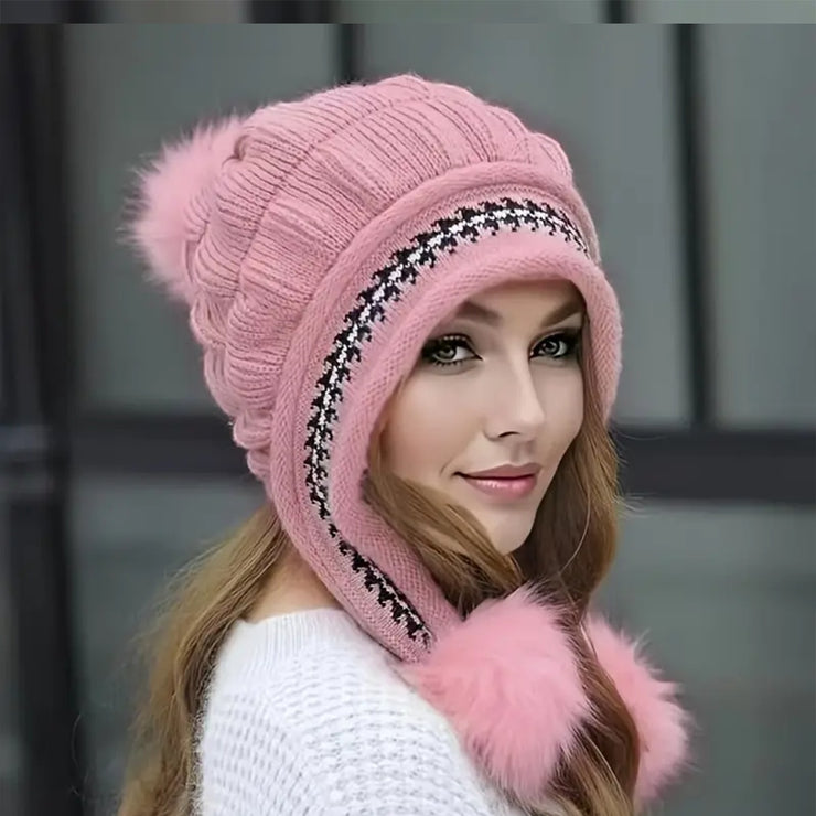 Cozy Knit Fleece-Feel Beanie With Ear Flaps & Pompom Warm Winter Hat For Women Perfect For Skiing & Outdoor Activities