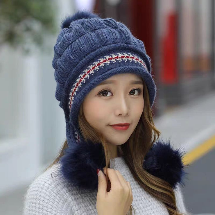 Cozy Knit Fleece-Feel Beanie With Ear Flaps & Pompom Warm Winter Hat For Women Perfect For Skiing & Outdoor Activities