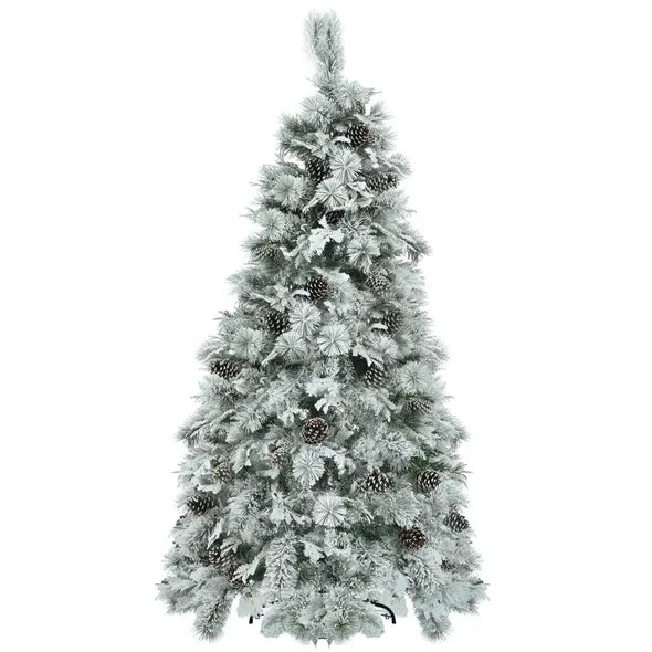 6FT Pre-Lit Spruce Snow Flocked Christmas Tree With Pine Cones, Artificial Xmas Tree With 403 Branch Tips,Mixed PE  PVC Branches, 250 Multi-Color LED Lights, 11 Flashing Modes, Holiday Decor