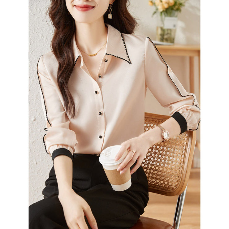 Satin Lapel Shirt Top For Women