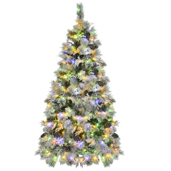 6FT Pre-Lit Spruce Snow Flocked Christmas Tree With Pine Cones, Artificial Xmas Tree With 403 Branch Tips,Mixed PE  PVC Branches, 250 Multi-Color LED Lights, 11 Flashing Modes, Holiday Decor