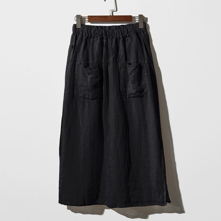 Design Double Pocket Large Size Elastic Waist Elegant Skirt Pure Linen Wide Leg Culottes