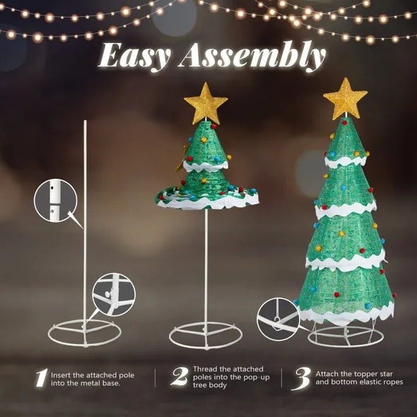 6FT Lighted Christmas Tree Yard Decorations, Pre-lit Pull Up Christmas Tree With 200 LED Warm White Lights And Ropes Stakes For Xmas Outdoor Holiday Indoor Decor Lighted Holiday Displays