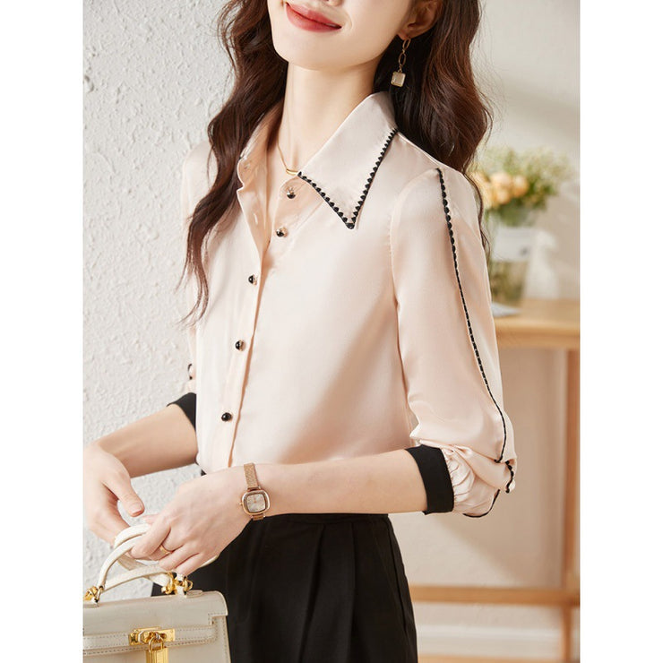 Satin Lapel Shirt Top For Women